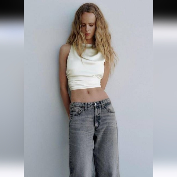 NWT Zara White Satin Effect Open Tie Back Top, Size L - Picture 2 of 9